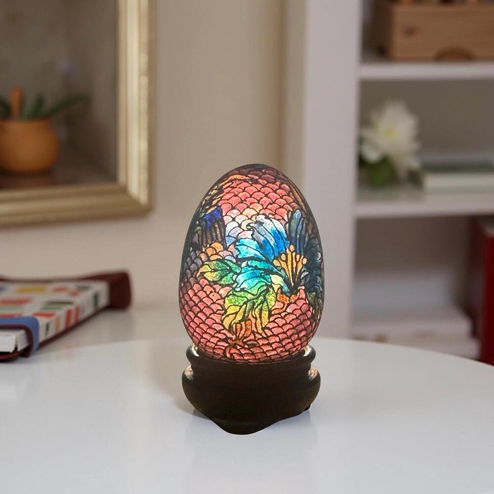 Plique a Jour Enamel Egg Miniature Floral Stained Glass Style with Wood Stand